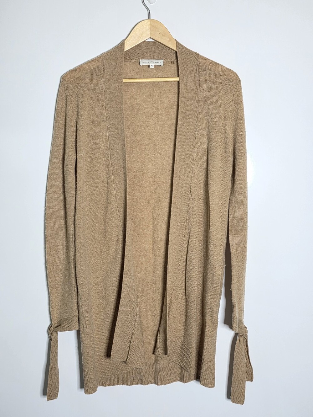 White + Warren brown Tan Open hang front drape lightweight Wool/cashmere Sweater
